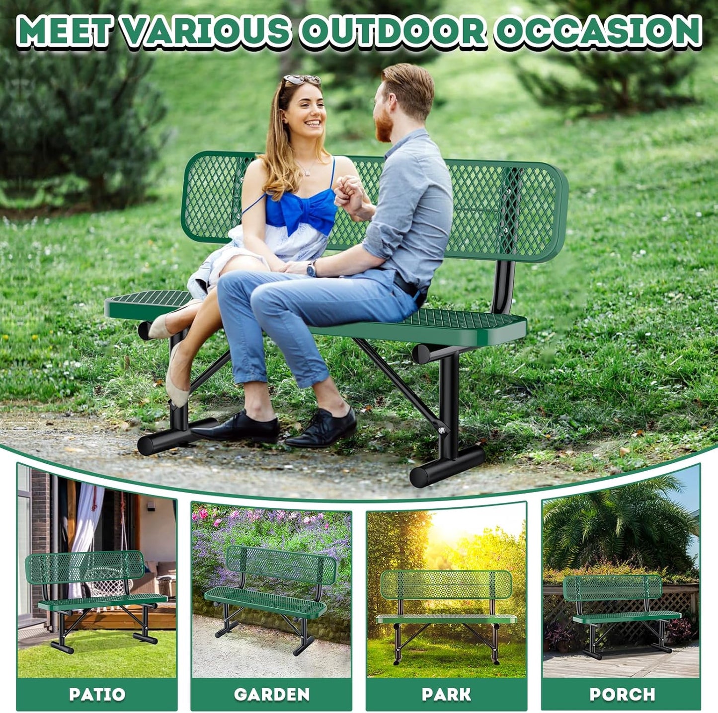 Outdoor Garden Bench, Cast Iron Metal Frame Patio Park Bench with Backrest, Portable Expanded Metal Black Bench, Commercial-Grade Outdoor Seating for Lawn, Patio, Park, Yard, Garden (Green, 4FT/48'')
