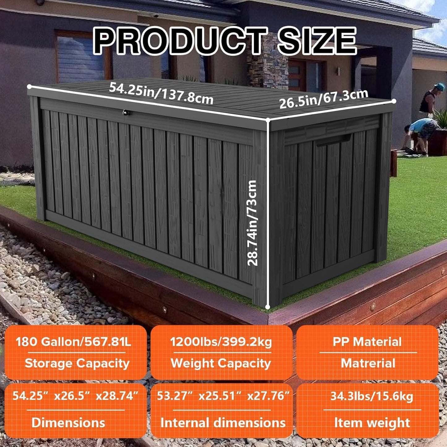 180 Gallon Resin Deck Box, Waterproof Outdoor Storage Bin for Patio Furniture, Pool Accessories, and Garden Tools, Lockable & UV-Resistant, Black