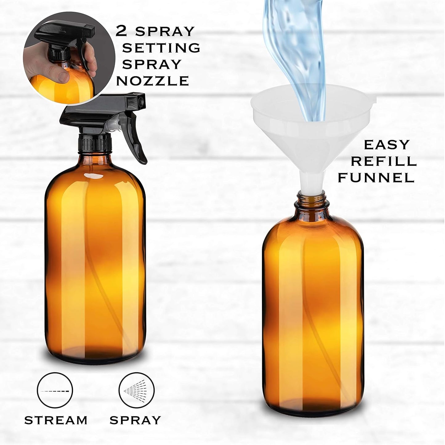 kitchentoolz Large 32oz Amber Glass Gardening Spray Bottles with Funnel - Refillable Trigger Sprayer Container for Plant Misting, Hair Salon, Indoor and Outdoor