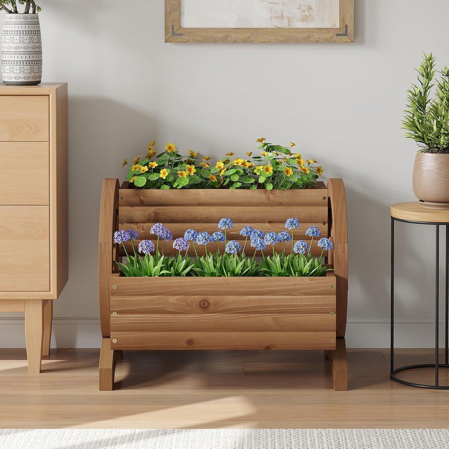 Wooden Wagon Planter Outdoor Flower Cart with Wheels Garden Planter, Decor Planter for Patio Balcony Decoration Succulent Flower Pot for Indoor Backyard Balcon Yard Decor planters for Outdoor Plants