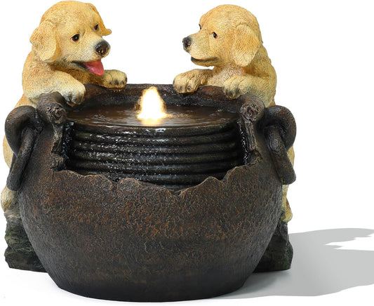LuxenHome Outdoor Water Fountain, 16 Inch Adorable Puppies Resin Water Fountains Indoor with LED Lights, Farmhouse Waterfall Outdoor, Indoor Fountains and Waterfalls for Patio, Garden Decor