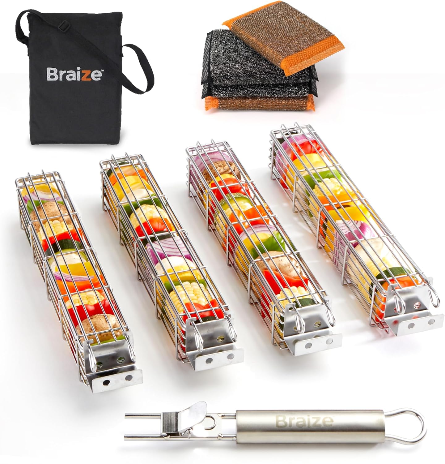 Kabob Grilling Basket Set of 4 with Removable Handle – Stainless Steel Baskets for Grilling Vegetables, Fish & Kabobs – Outdoor BBQ Accessories with Heavy-Duty Scrub Sponge