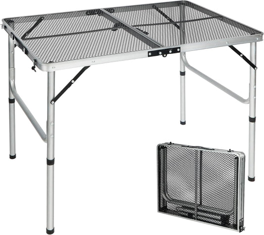REDCAMP 36x24 Folding Grill Table for Outside, Lightweight Portable Metal Aluminum Outdoor Grill Table with Adjustable Height Legs, Great for Camping Picnic Cooking BBQ, Silver 3ft