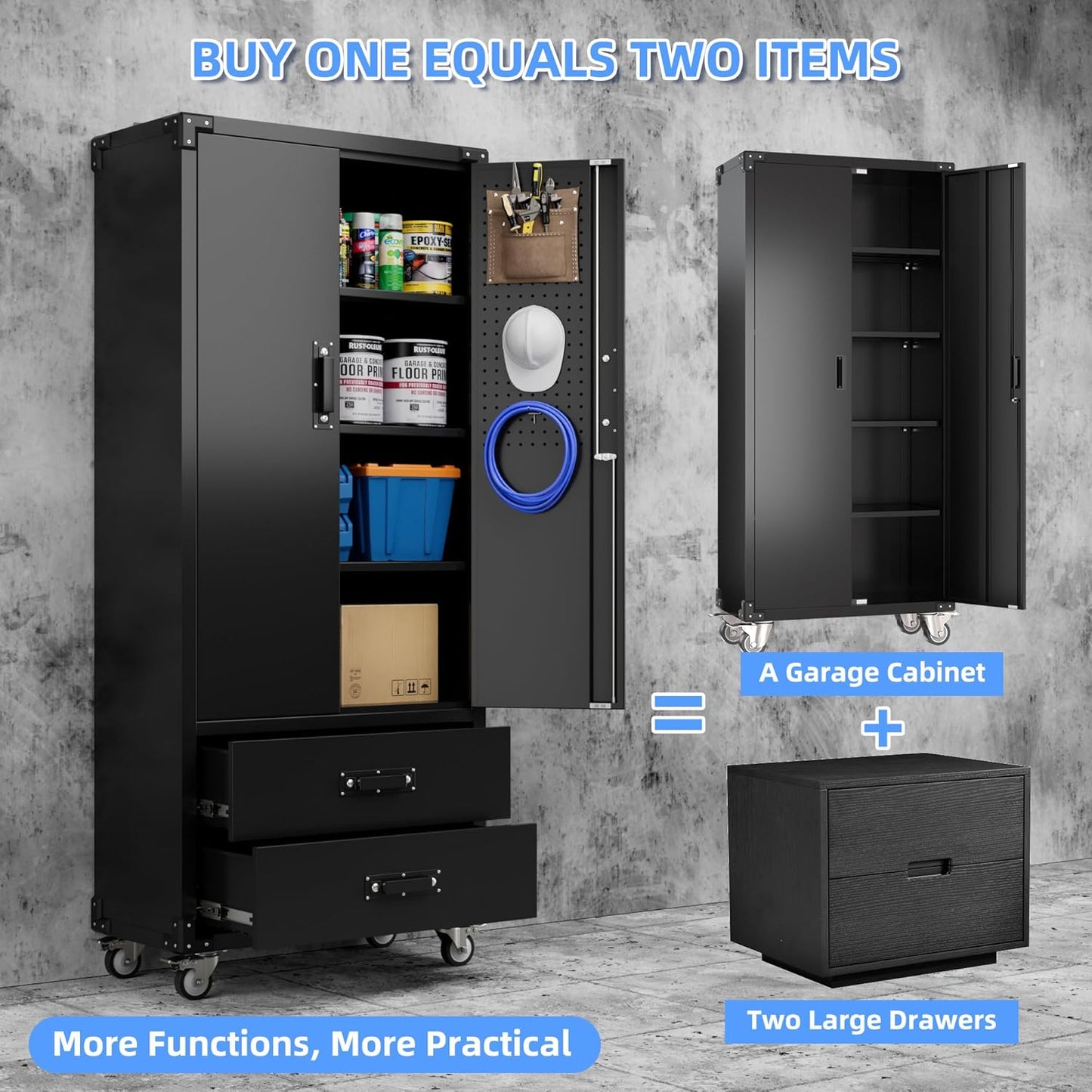 Upgraded Metal Garage Storage Cabinet with Wheels and 2 Drawers, Rolling Tool Cabinet with 3 Shelves and Pegboard Behind The Door for Home Office Garage,Assembly Required,Black