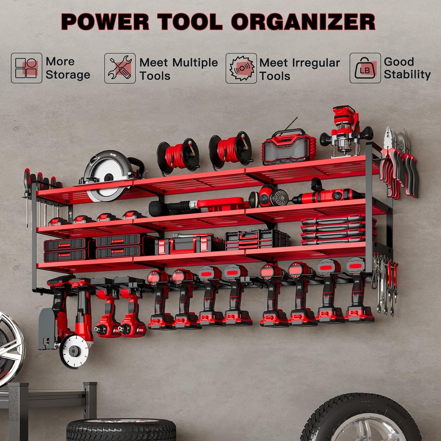 48" Large Power Tools Organizer Wall Mount,12 Drill Holder for Garage, Workshop Heavy Duty Storage Rack (Red)