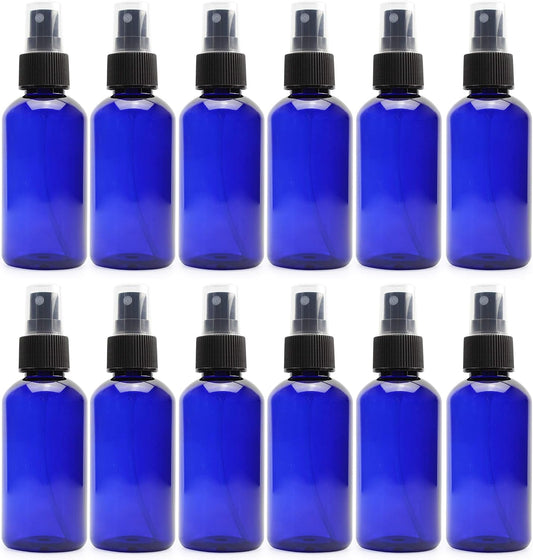 Cornucopia 4oz Blue PLASTIC Fine Mist Spray Bottles (12-Pack); BPA-Free Plastic Spritzer Bottles, Labels Included; PET #1 Plastic Bottles