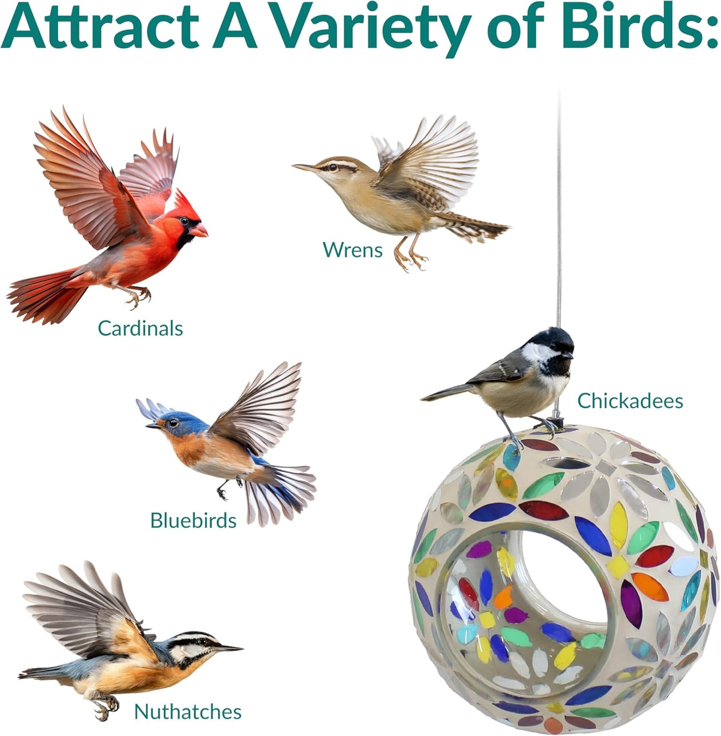 Sunnydaze 6-Inch Glass Mosaic Hanging Bird Feeder for Outdoors - Fly-Through Wild Bird Feeder - Rainbow Daisies