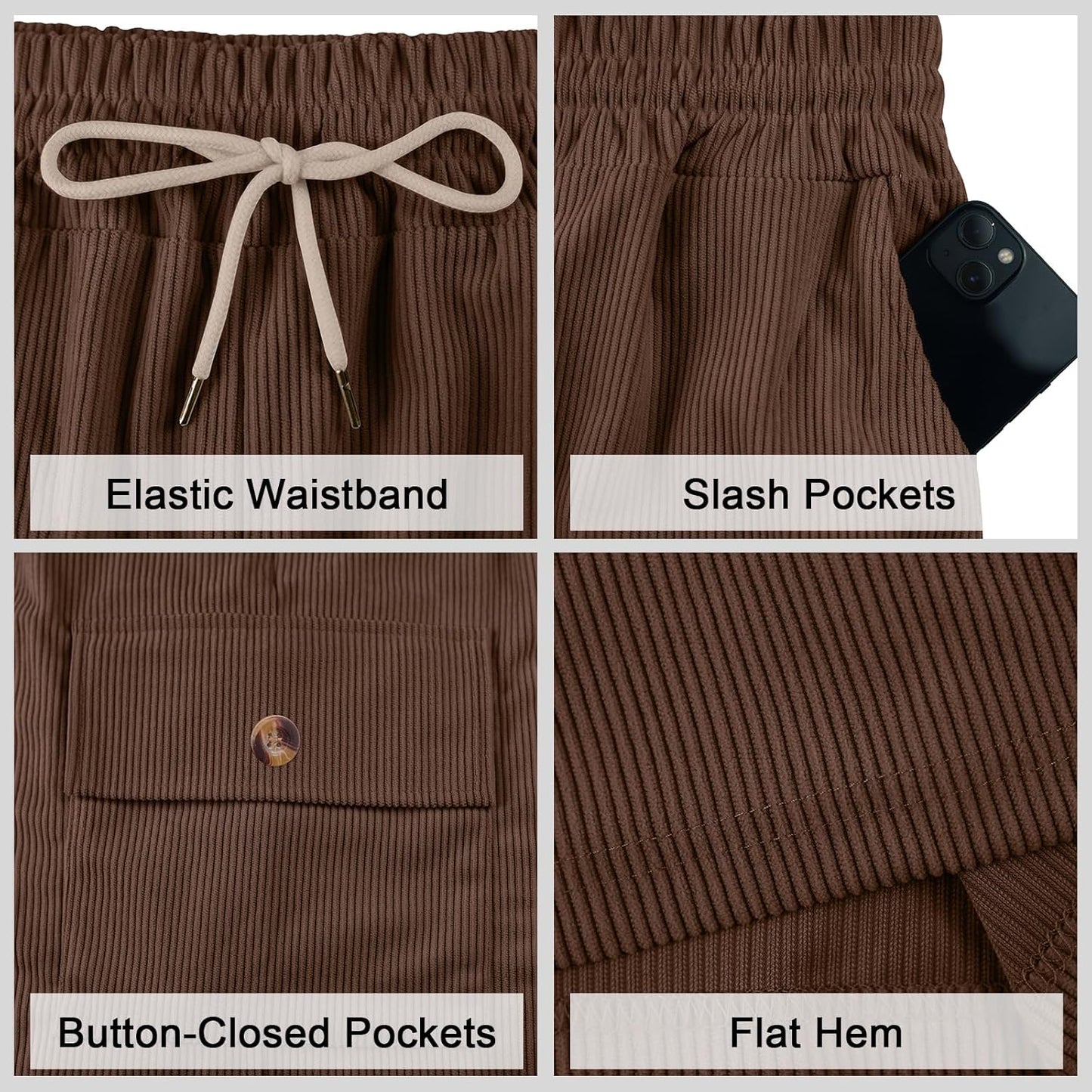 Mens Cargo Shorts Casual Drawstring Elastic Waist Corduroy Summer Beach Shorts with Pockets