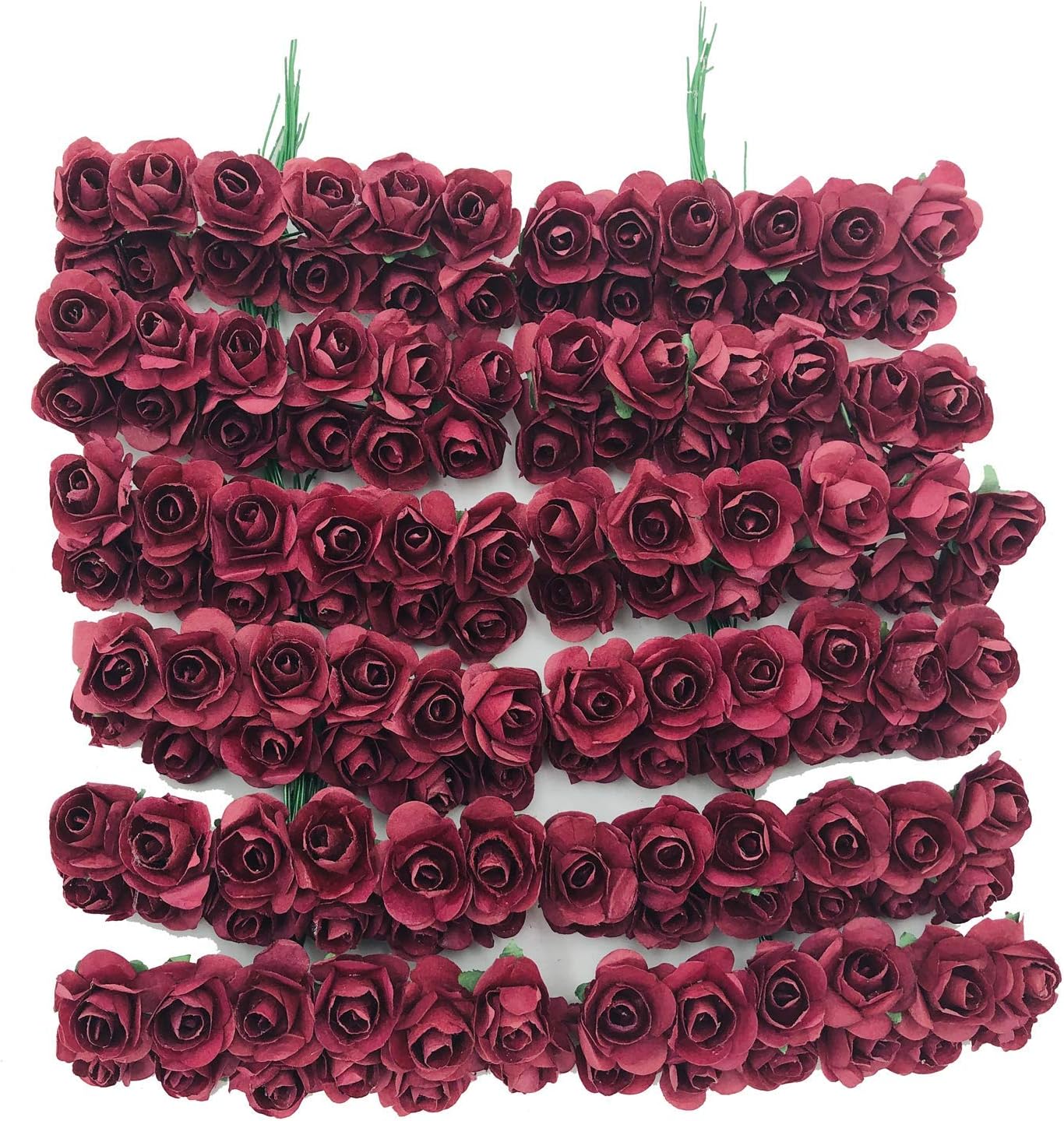 Mini Fake Rose Flower Heads 144pcs Mini Artificial Mulberry Paper Roses Flower with Wire Stem DIY Wedding Flowers Accessories Make Bridal Hair Clips Headbands Dress (Burgundy)
