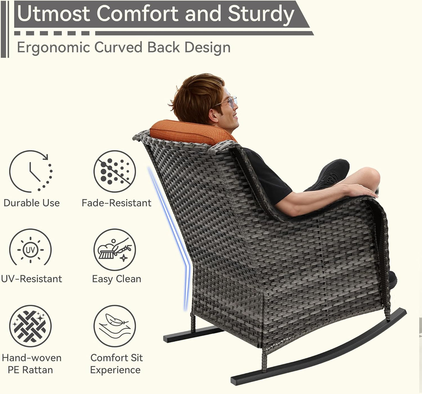 1 PC Outdoor Rocking Chair, Wicker Patio Rocker Chair for Yard, Porch, Mixed Brown Grey Rattan, Orange Cushions