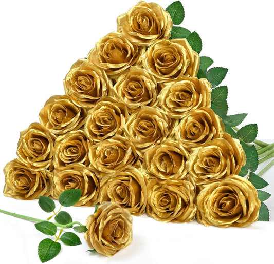 Serwalin 20pcs Artificial Gold Roses, 4'' Big Flower Head, Fake Roses Velvet Real Touch, Silk Roses Long Stems Realistic Bouquet for Wedding Parties Table Centerpiece and Home Decor