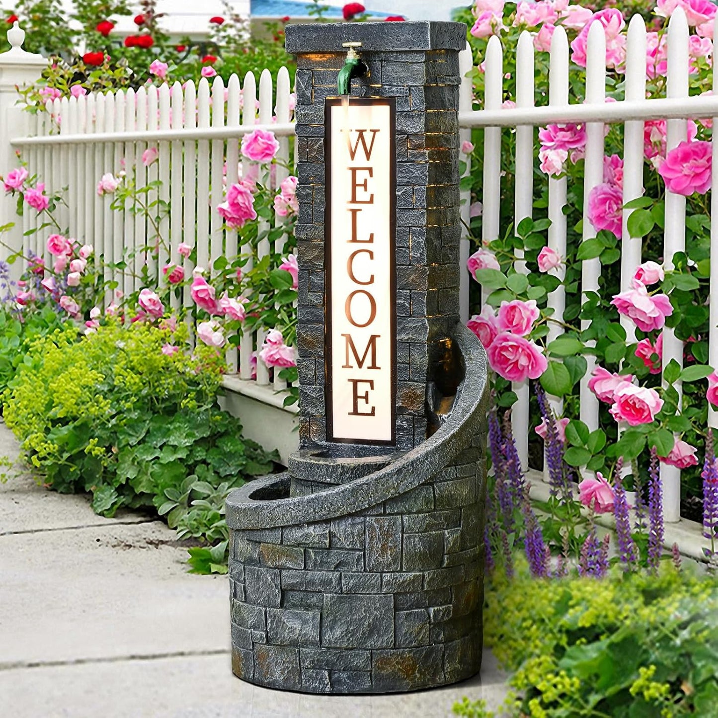 35.43 Inches Outdoor Water Fountain Welcome Garden Waterfall Indoor Modern Water Feature Freestanding Fountains with LED Lights and Pump for Patio Yard Pool Home Decor