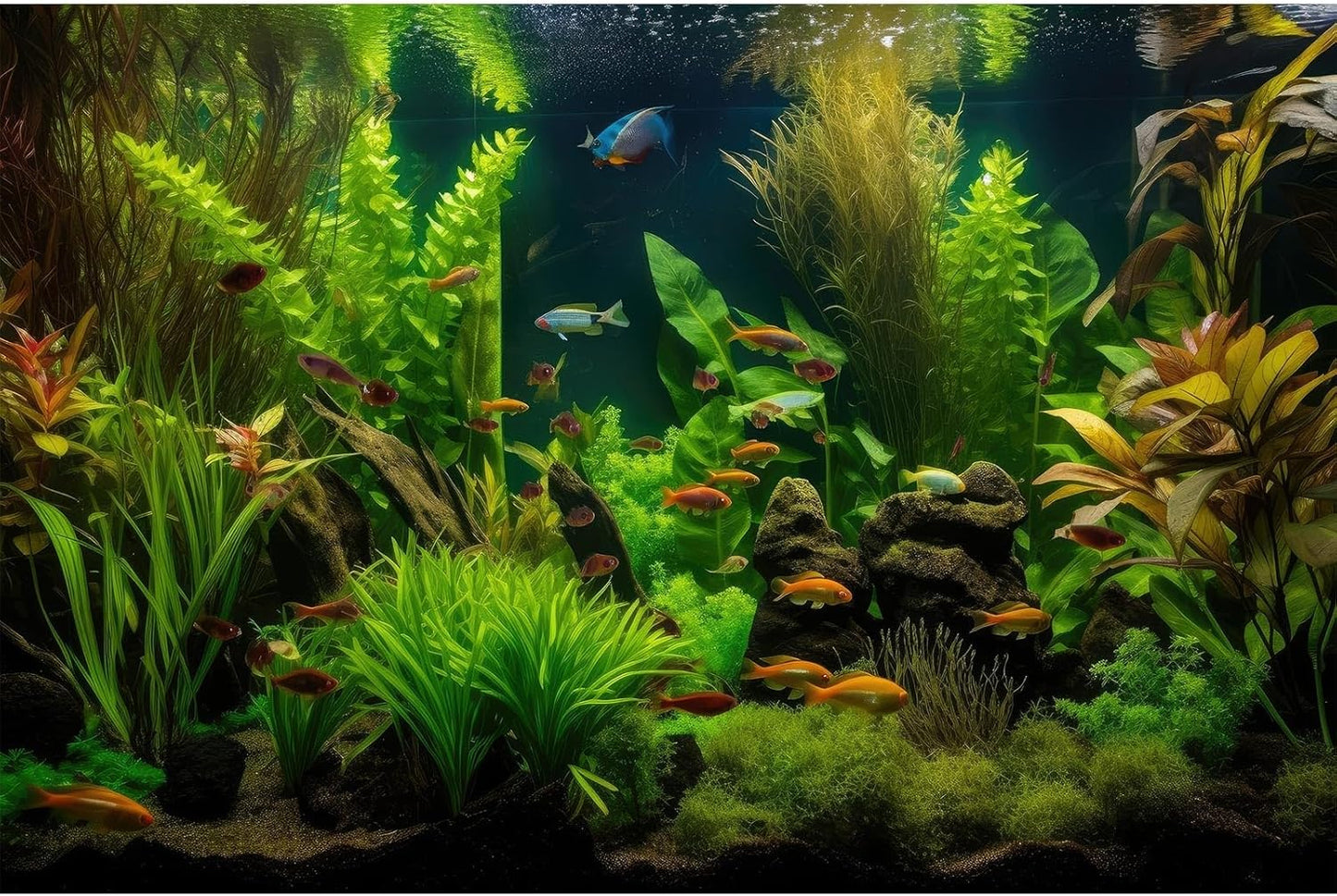 Aquarium Background Tropical Freshwater Colorful Fish Plants Fish Tank Background Tranquil Under The Sea Aquatic Plants Cork Redwood Root Lush Green Moss Reptile Tank Terrarium Background 72x24in