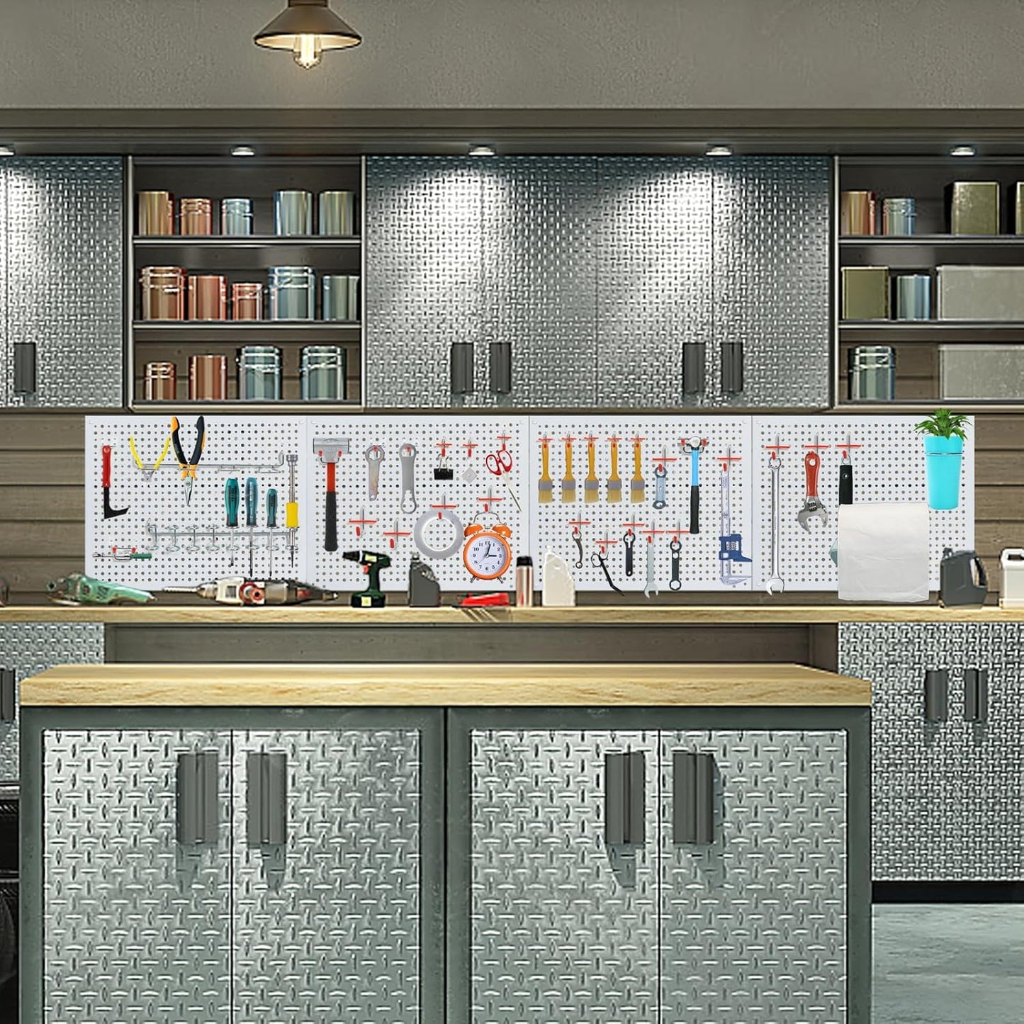 Peg Board, Heavy Duty Steel Organization Panels, Universal 1/8 and 1/4 Peg Board Accessories, Ideal for Garage Tool Storage, Pack of 4(White, 16X12)