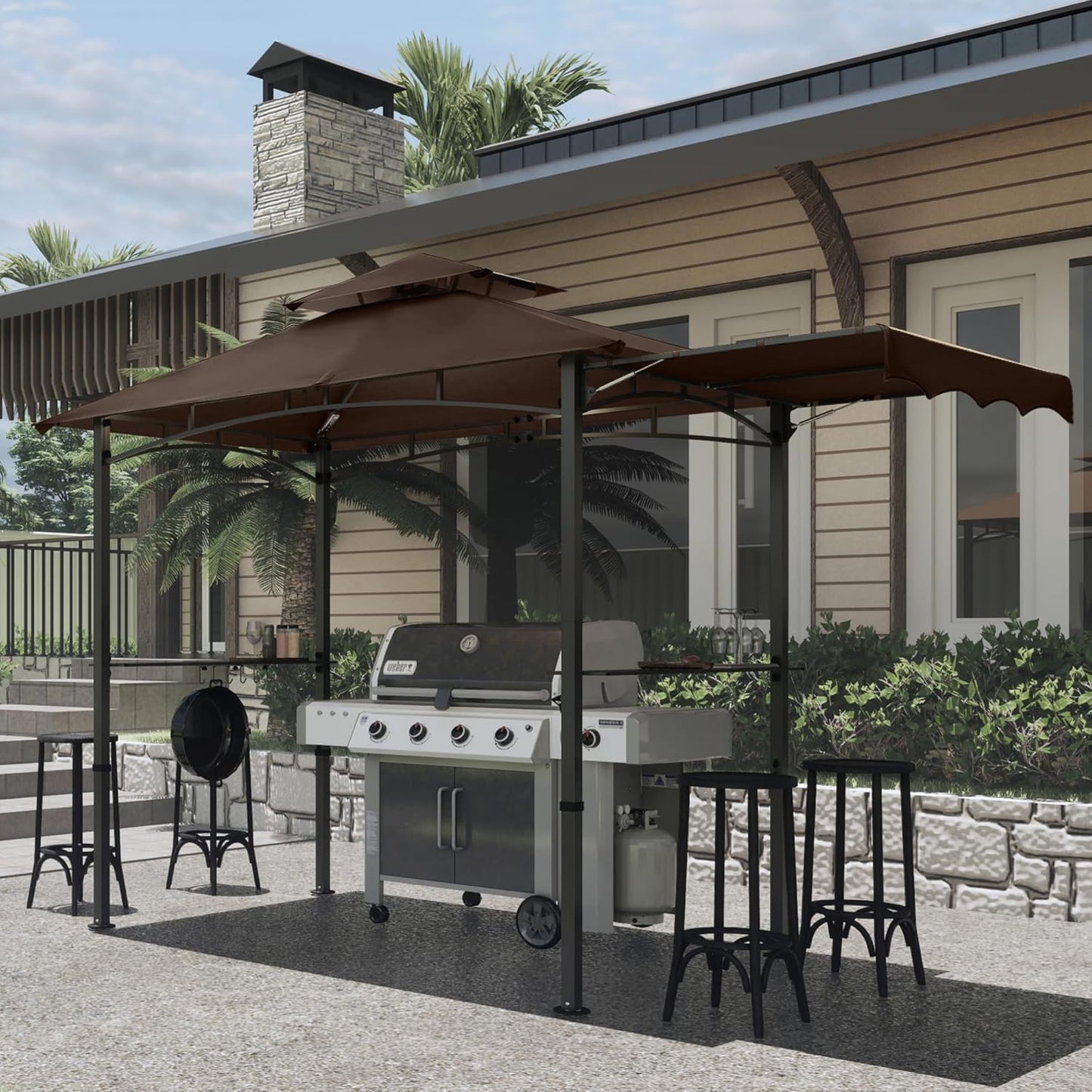 MASTERCANOPY 11 x 5 Grill Gazebo with Extra Side Awning Outdoor BBQ Gazebo with 2 LED Lights for Patio Party Backyard Picnic(Brown)