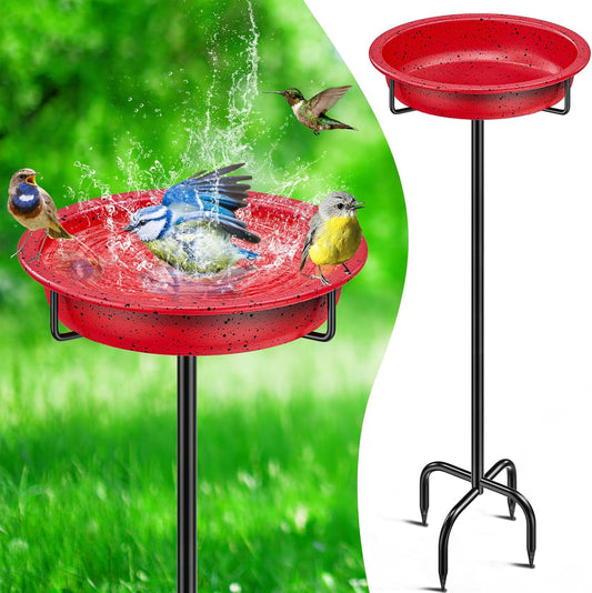 40In Metal Bird Bath for Outside, Freestanding Garden Birdbaths Bowl Bird Feeder, Detachable Decoration Spa Birdfeeder for Outdoor Garden Patio Yard Lawn (Red)