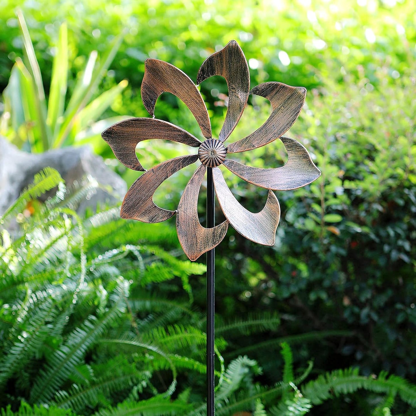 Starryfill Garden Wind Spinner Outdoor Metal Decoration, Single Blade Easy Rotate with Vertical Sculpture Stake Construction for Patio Lawn & Garden (Copper-Colored)