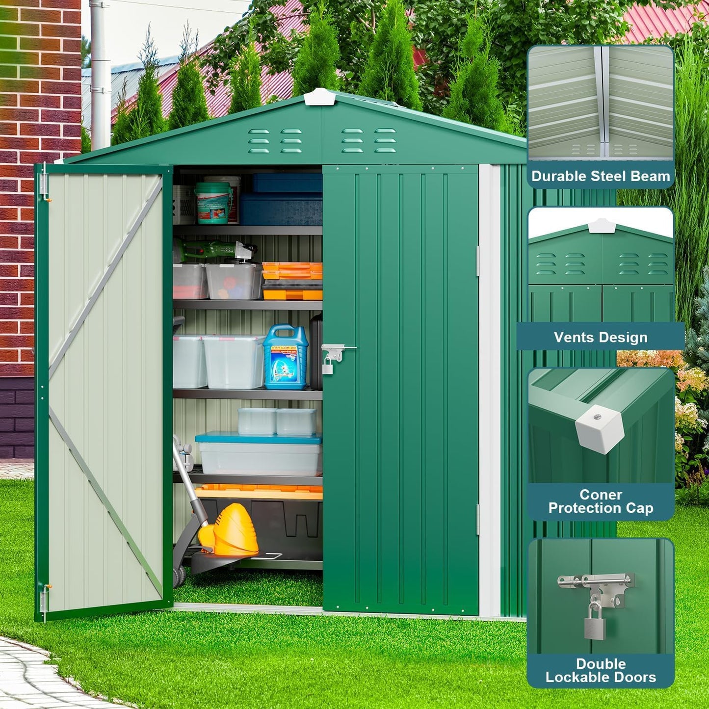 Gizoon Outdoor Storage Shed 6 x 4 FT, Galvanized Metal Garden Shed with Double Lockable Doors, Outdoor Storage Clearance for Backyard Patio Lawn-Green