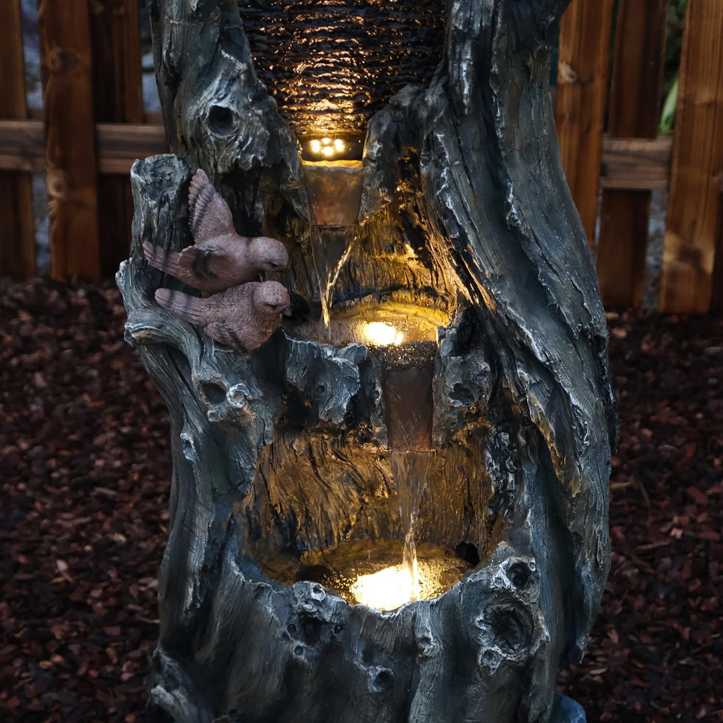 YZM 50.79" H Outdoor Rainforest Waterfall Tree Trunk Fountain with Bald Eagle Outdoor Cascading Water Feature for Garden Patio Backyard Landscape Décor 3-Tier Water Fountains