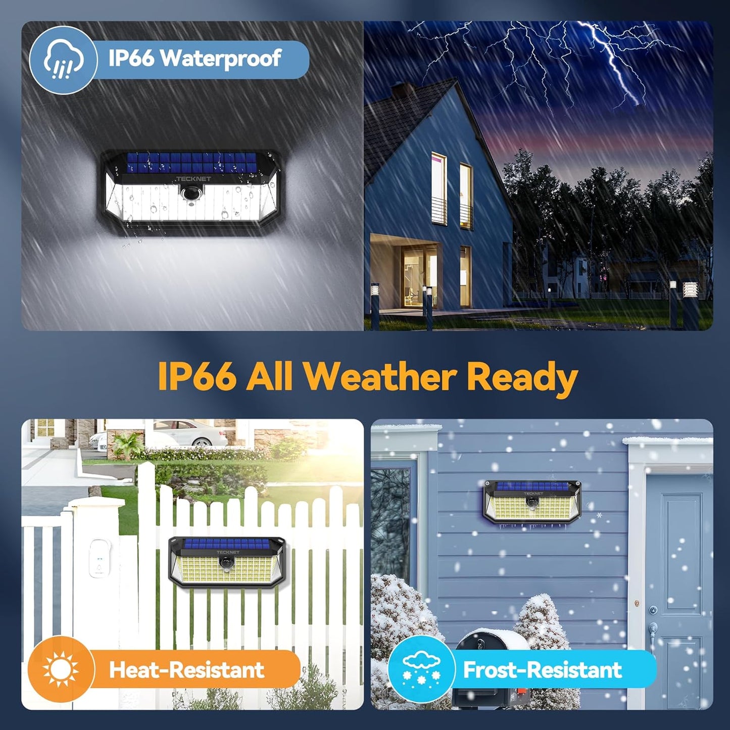 TECKNET 461 LED Solar Powered Outdoor Lights, 270° Angle & 3 Lighting Modes Motion Sensor Light Outdoor, Security Solar Lights Waterproof for Fence Front Door Yard Deck Garden Garage House - 4 Pack