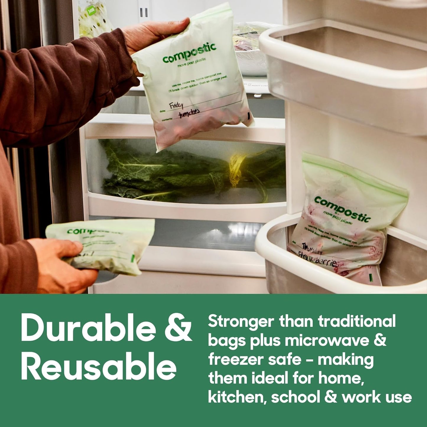 Home Compostable Resealable Snack Bags (6"x 3.5"), Microwave & Freezer Safe, Organic Food Storage Container, 100 Count (Pack of 2)