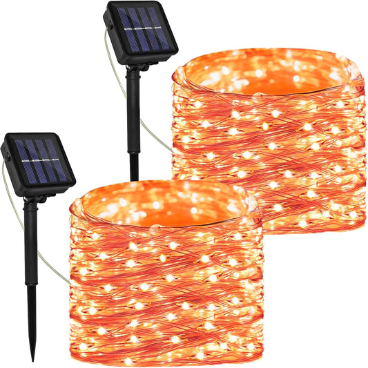 Solar Powered String Lights Outdoor, 2 Pack Total 200 LED 66FT Solar Powered Halloween Decorative Fairy Lights 8 Modes Black Wire for Halloween, Garden, Patio, Party, Yard, Christmas(Orange)
