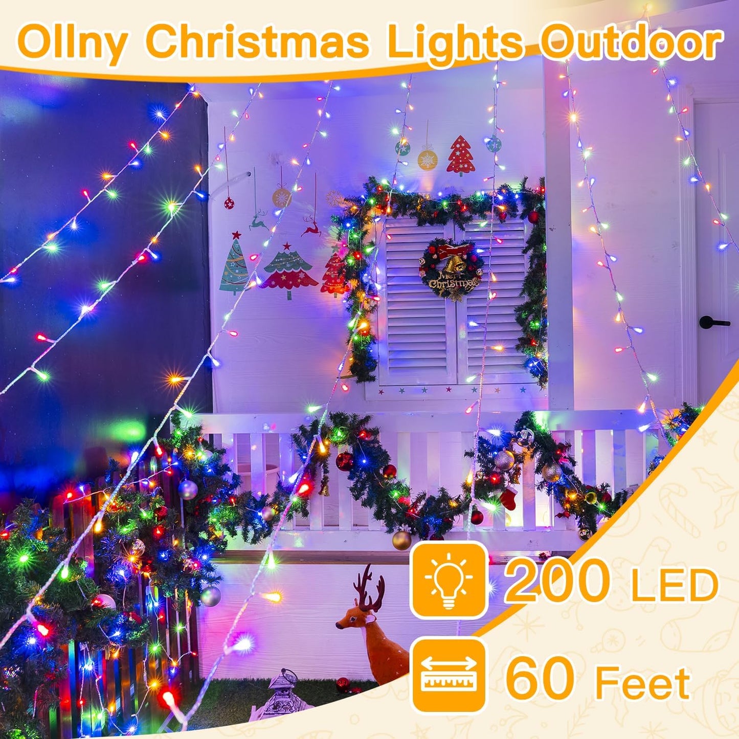 Ollny String Lights Indoor 200LED 60FT, Multicolor Connectable Plug in LED Outdoor Light, 8 Modes Waterproof Timer Christmas Lights for Outside Bedroom House Party Wedding Camping