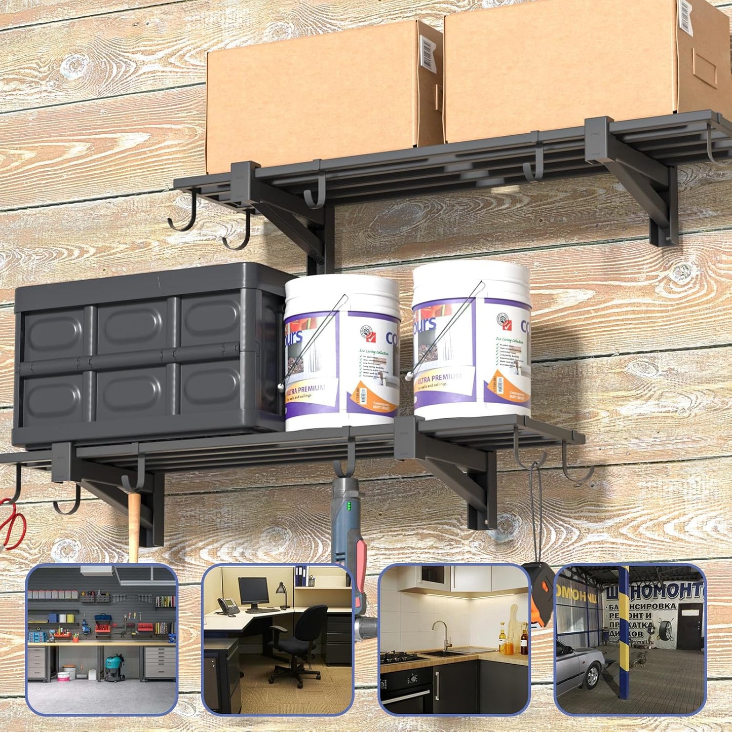 2-Pack Garage Wall Shelving, Heavy Duty Garage Storage Shelving With Hooks, Shelving Wall Mounted Holds 250 lbs Each,Black