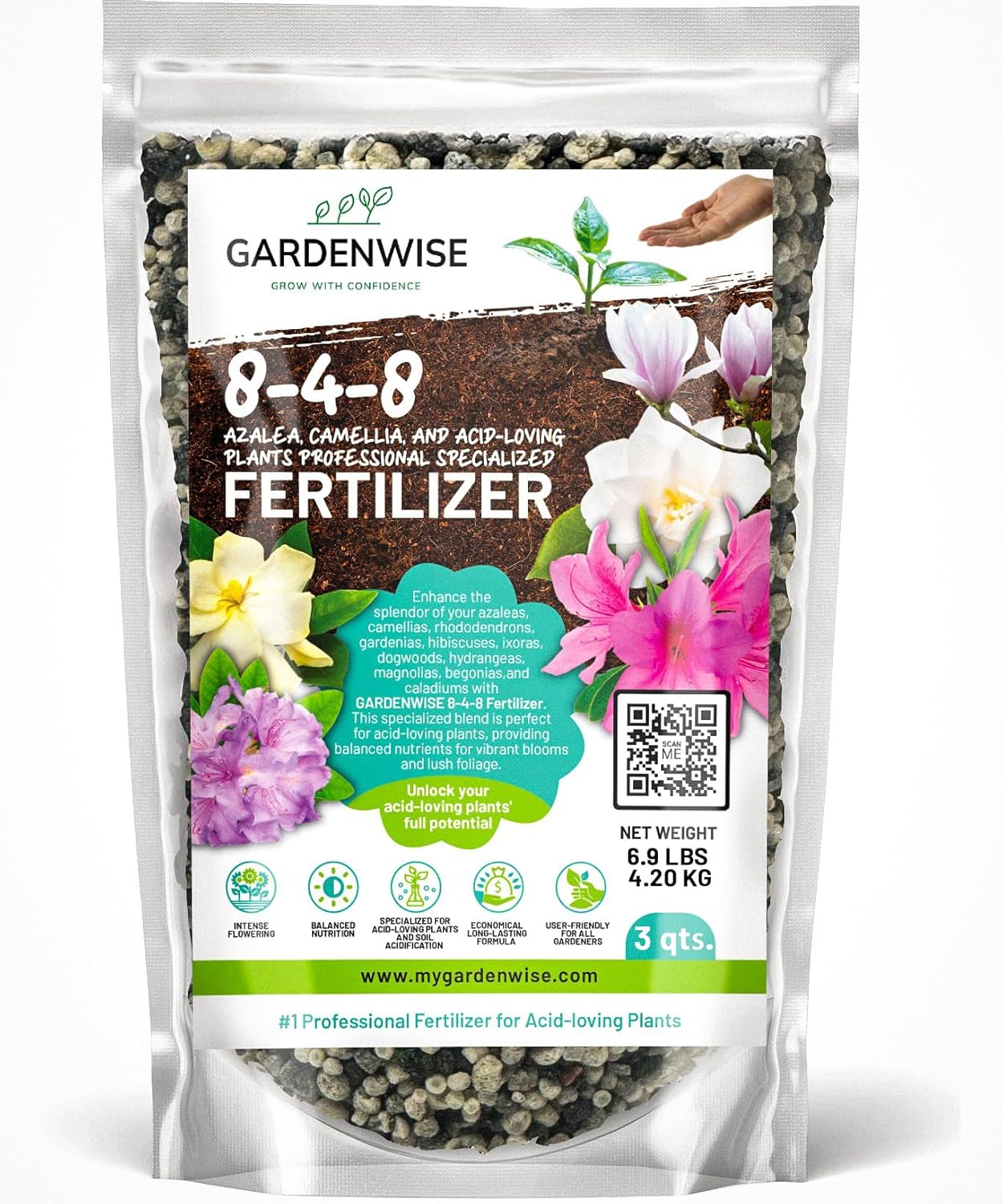 8-4-8 Acidic Fertilizer for Azaleas, Camellias (Camelia), Hydrangeas, Blueberries, Gardenias, Magnolia Trees, Evergreens, and Rhododendrons - Ideal Iron-Rich Plant Food (3 QUARTS)