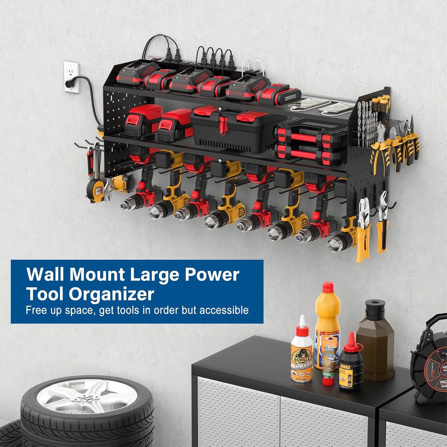 JUNNUJ Large Power Tool Organizer Wall Mount with Charging Station. Garage 8 Drill Holder Tools Battery Storage Shelf, Heavy Duty Utility Storage Rack Built in 8 Outlet 3 USB 10 FT Power Strip