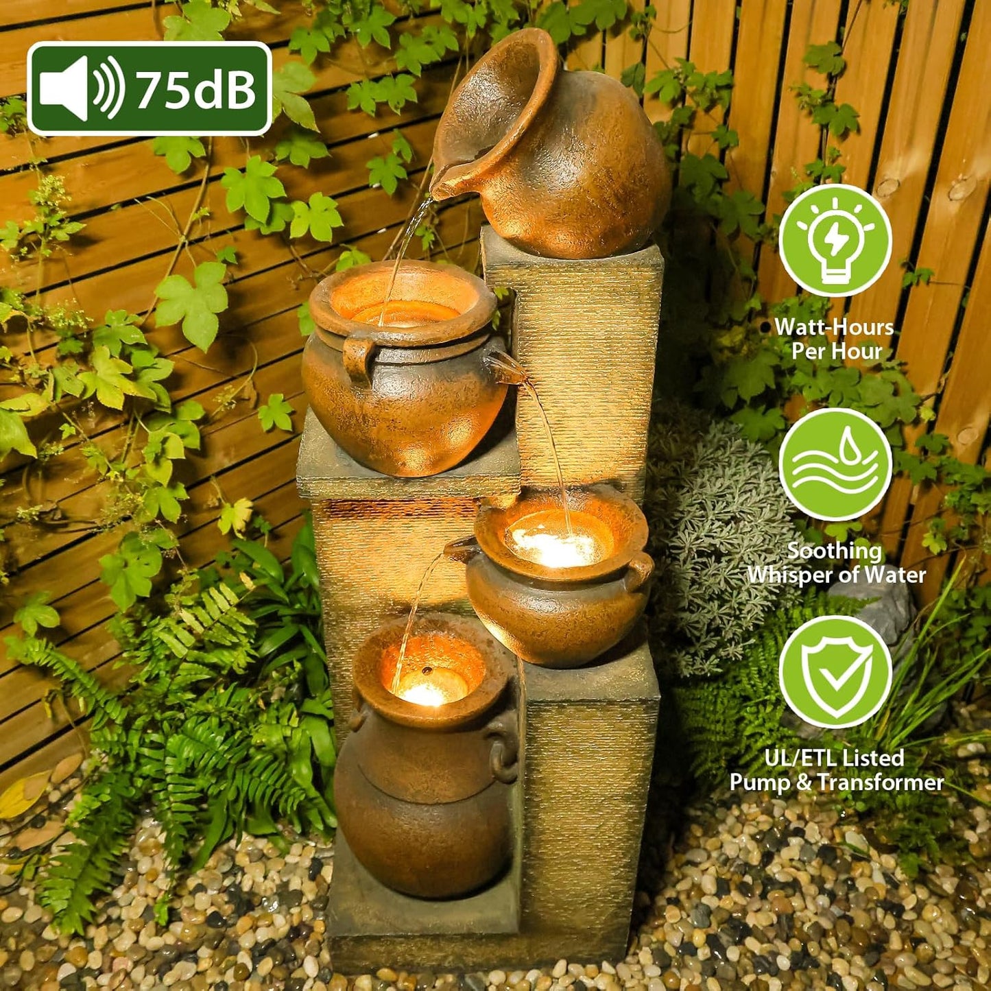 53" H Patio Water Fountain-The 4 Cascading Modern Feature Crocks Garden Fountains and Waterfalls with Warm Lights for Porch, Deck, Patio, Backyard Home Décor (Gold)