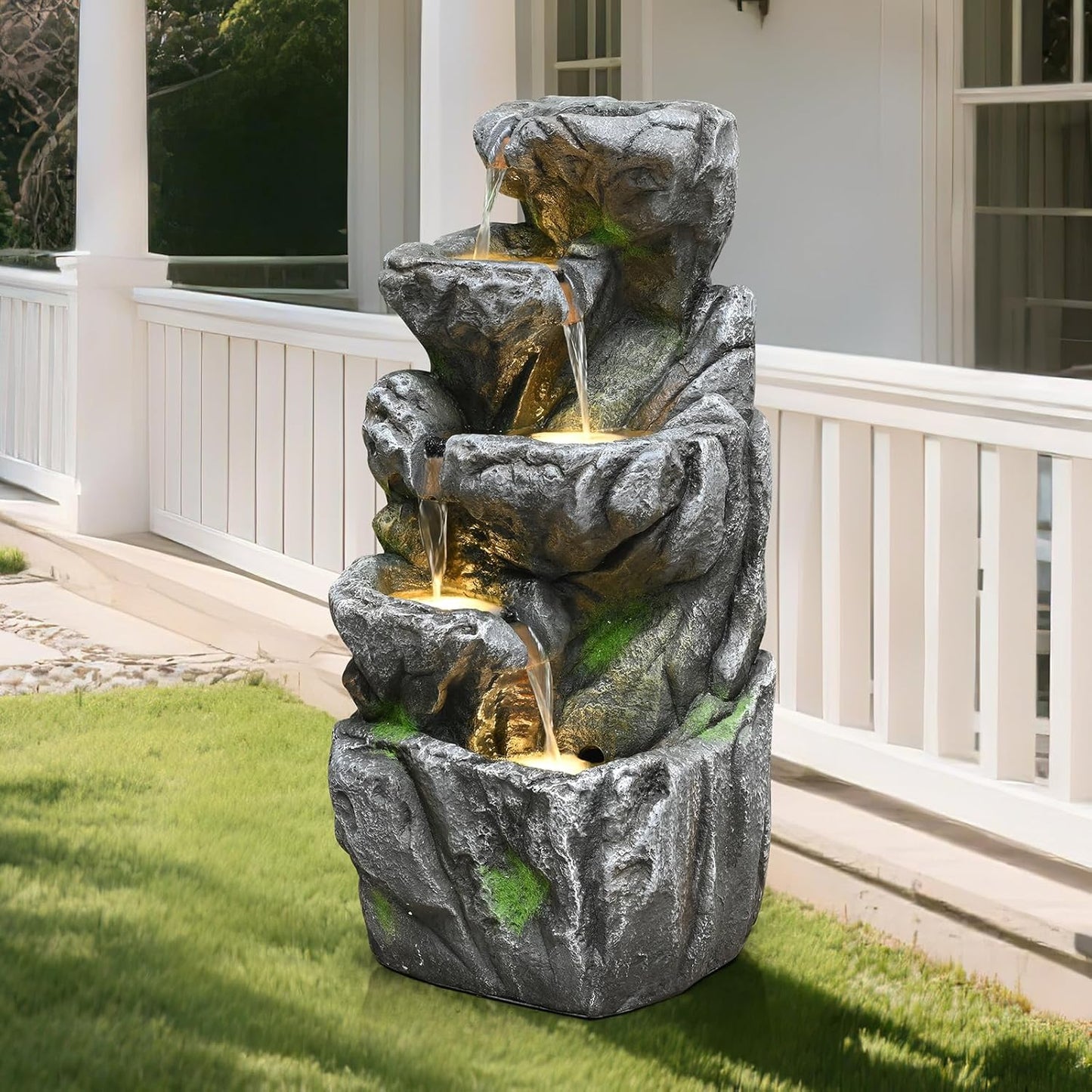 Water Fountain Outdoor 31.59" H Cascading Rock 5-Tier with LED Lights Waterfall for Garden, Landscaping, Patio, Backyard, Balconies, Lawns, Porch and Home Art Decor Living Space