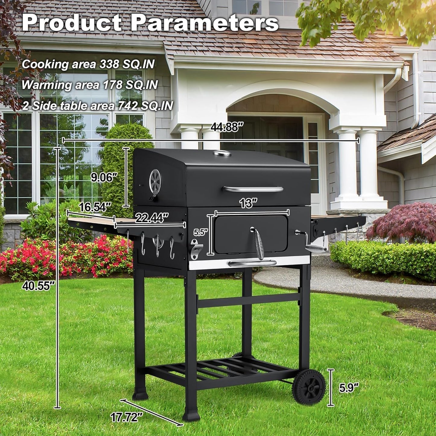 MELLCOM Charcoal Grill with Wood Foldable Side Table - 338 Sq.In BBQ Area with Individual Lifting Charcoal Trays & Thermometer, Movable Charcoal Grill for Outdoor Patio, Garden and Backyard