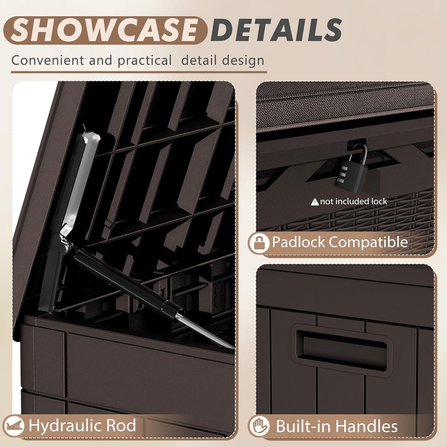 Devoko 100 Gallon Deck Box, Waterproof Resin Outdoor Storage Box with Cushion for Outside and Patio, Large Outdoor Storage Bench Cabinet Lockable for Patio Furniture and Garden Tools (Deep Brown)