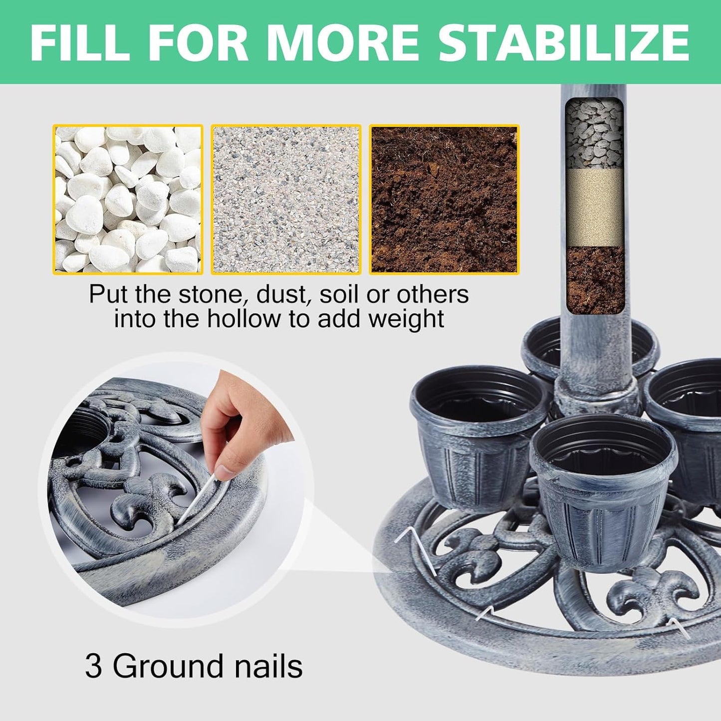 Bird Bath for Outside with 4 Removable Flower Planters 28in Polyresin Lightweight Vintage Birdbath for Outdoors Stake Standing Bowl and Water Feeder Yard Garden Decor Gray