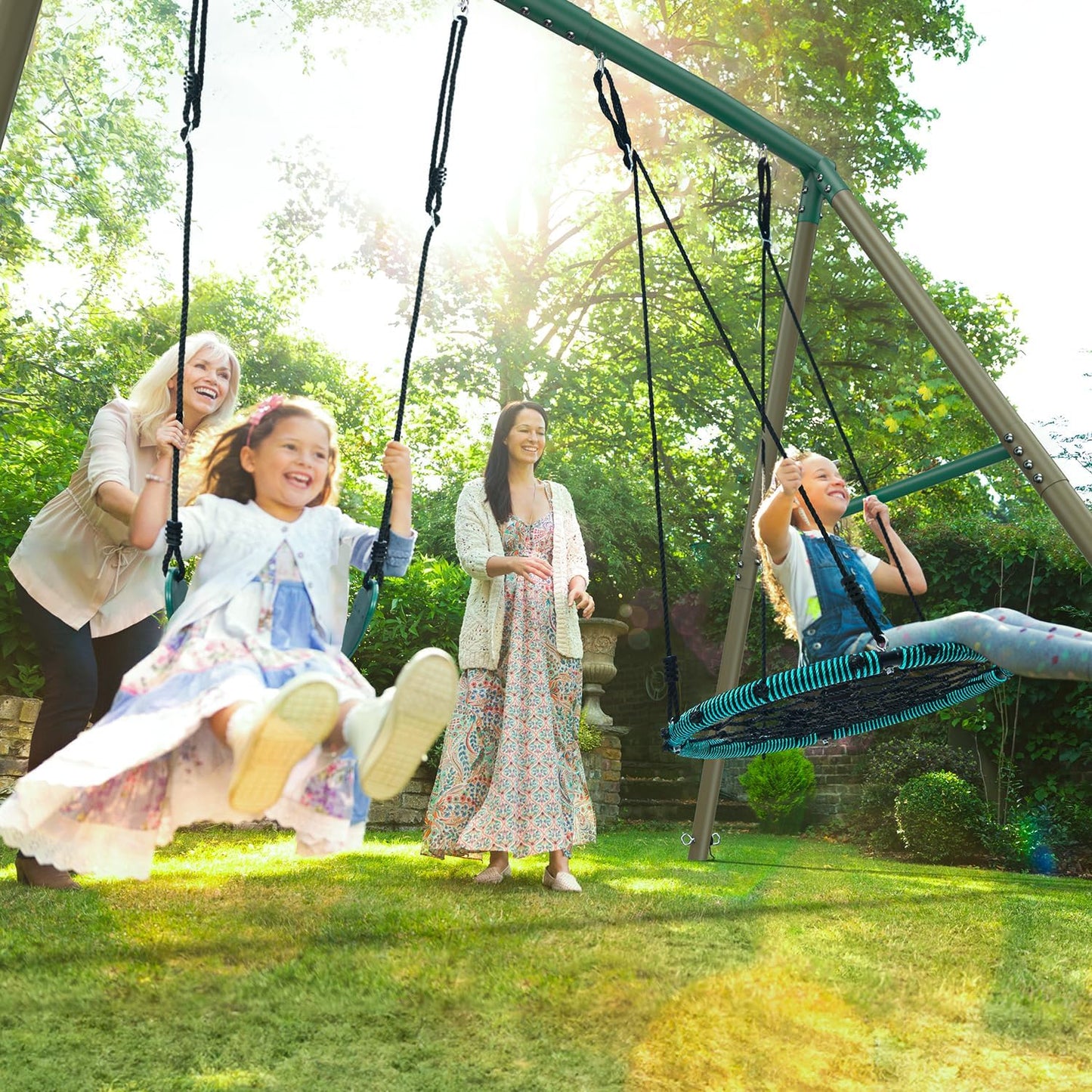 Hapfan 7.5ft Tall Swing Sets for Backyard, 500lbs Heavy Duty Swing Set for Kids and Adults with Spider Swing and Belt Swing, Outdoor Playground Sets for Backyards(Green and Brown)