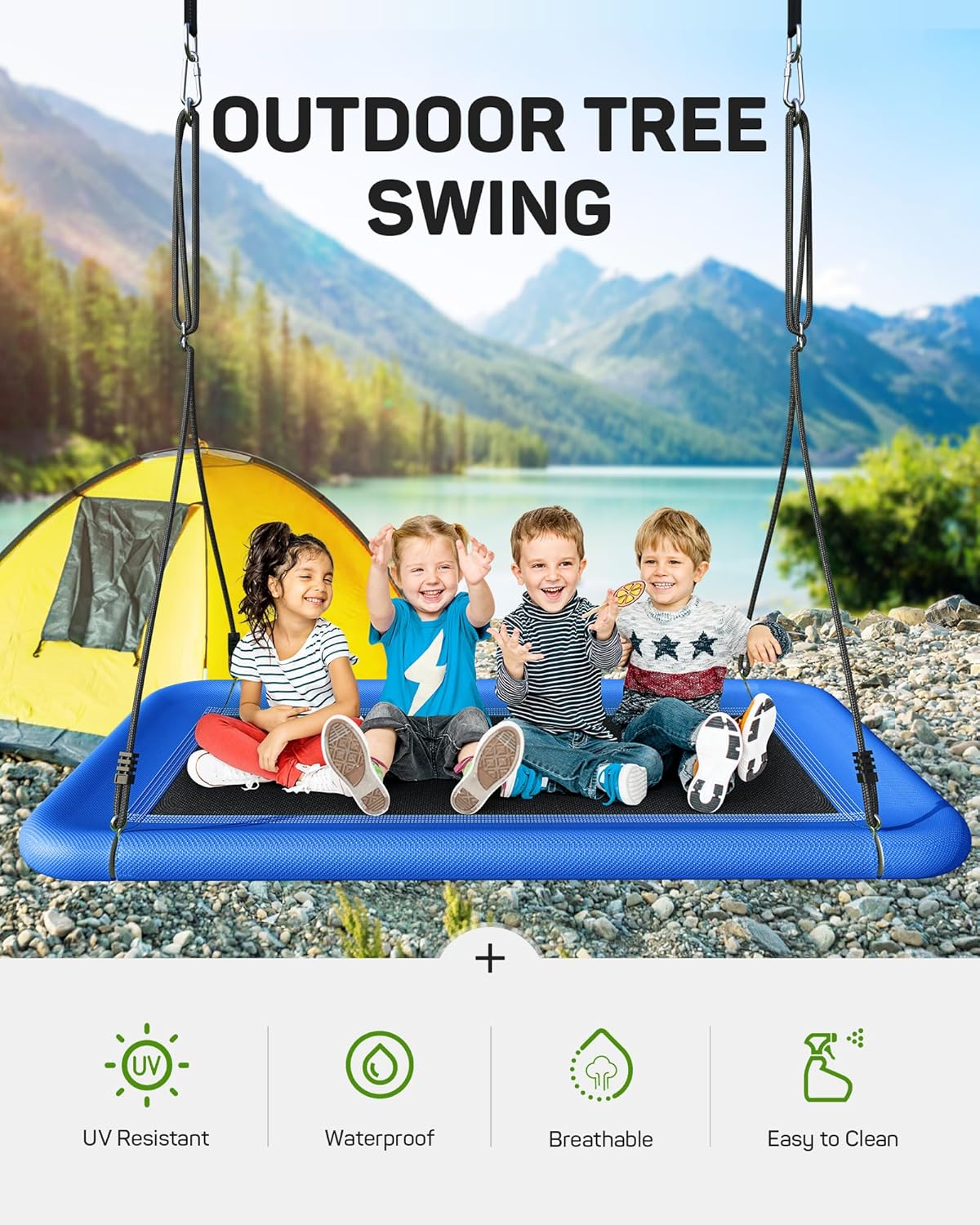 Tree Swing for Kids and Adults, 60" Waterproof Rectangle Platform Swing, 700lbs Heavy Duty with Adjustable Straps, Blue