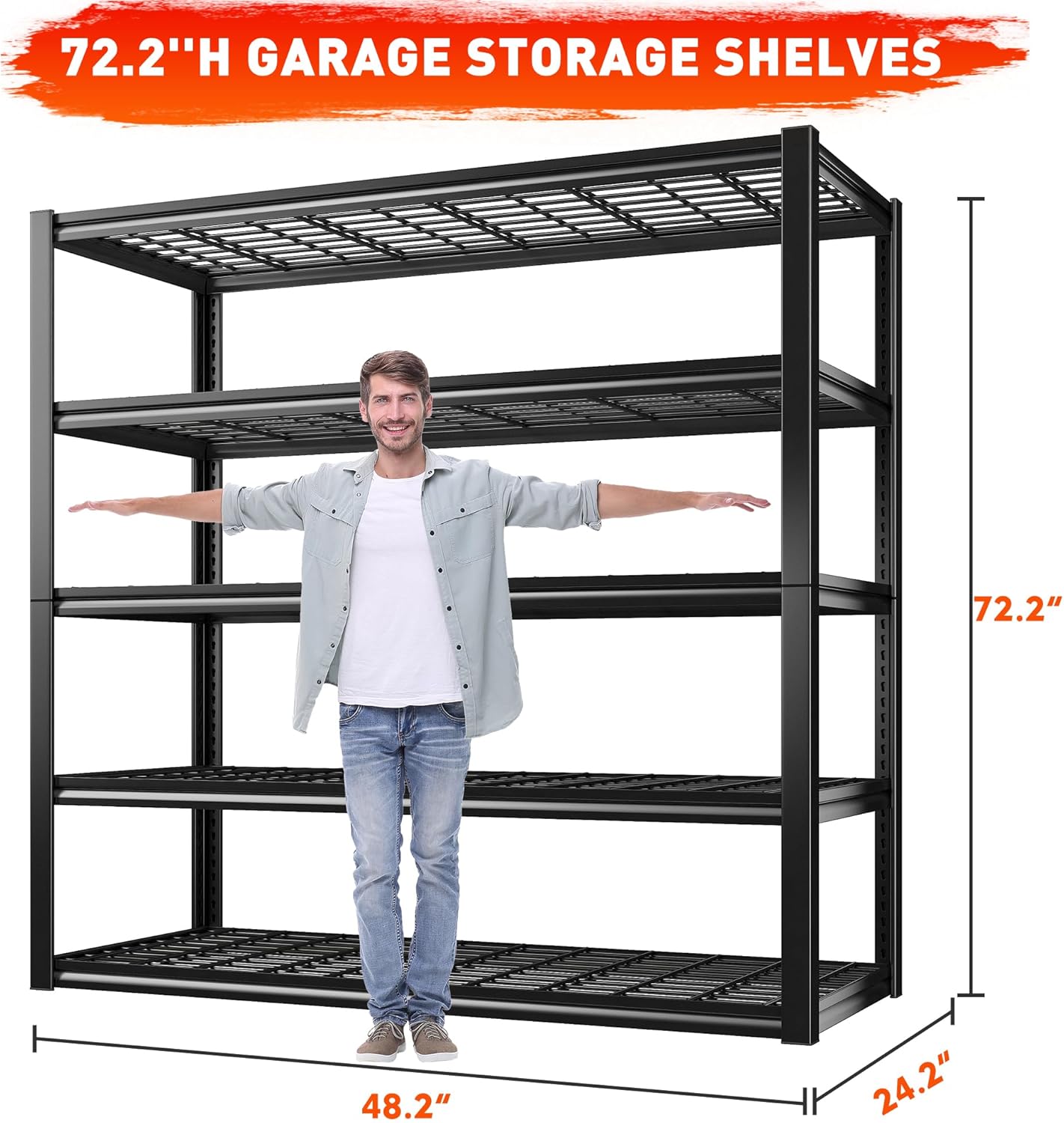 REIBII 48.2''W Garage Shelving Heavy Duty Metal Shelving 3000LBS Storage Shelves Adjustable Metal Shelves Industrial Garage Shelf for Warehouse Basement, 2 Pack