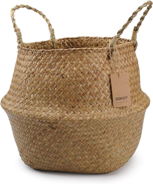 DOKOT Seagrass Plant Basket with Handles, Woven Storage Basket, 7inch Diameter x 8inch Height