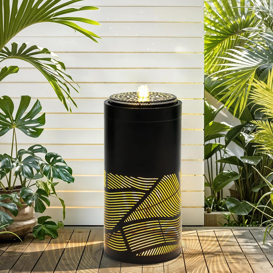 23.6 Inch Modern Outdoor Water Fountain with LED Lights - Black Geometric Bird Bath Garden Fountain for Patio, Yard, Porch Decor - Soothing Waterfall for Relaxing Ambiance