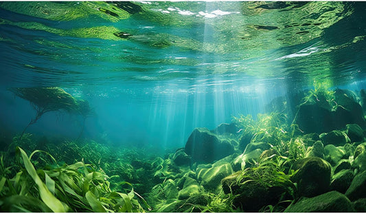 Under The Sea Fish Tank Background Aquatic Plants Deep Sea Aquarium Background Underwater Sunray Rock with Moss Terrarium Backgrounds Deep Ocean Floor Tropical Fish Tank Backgrounds 48x24in