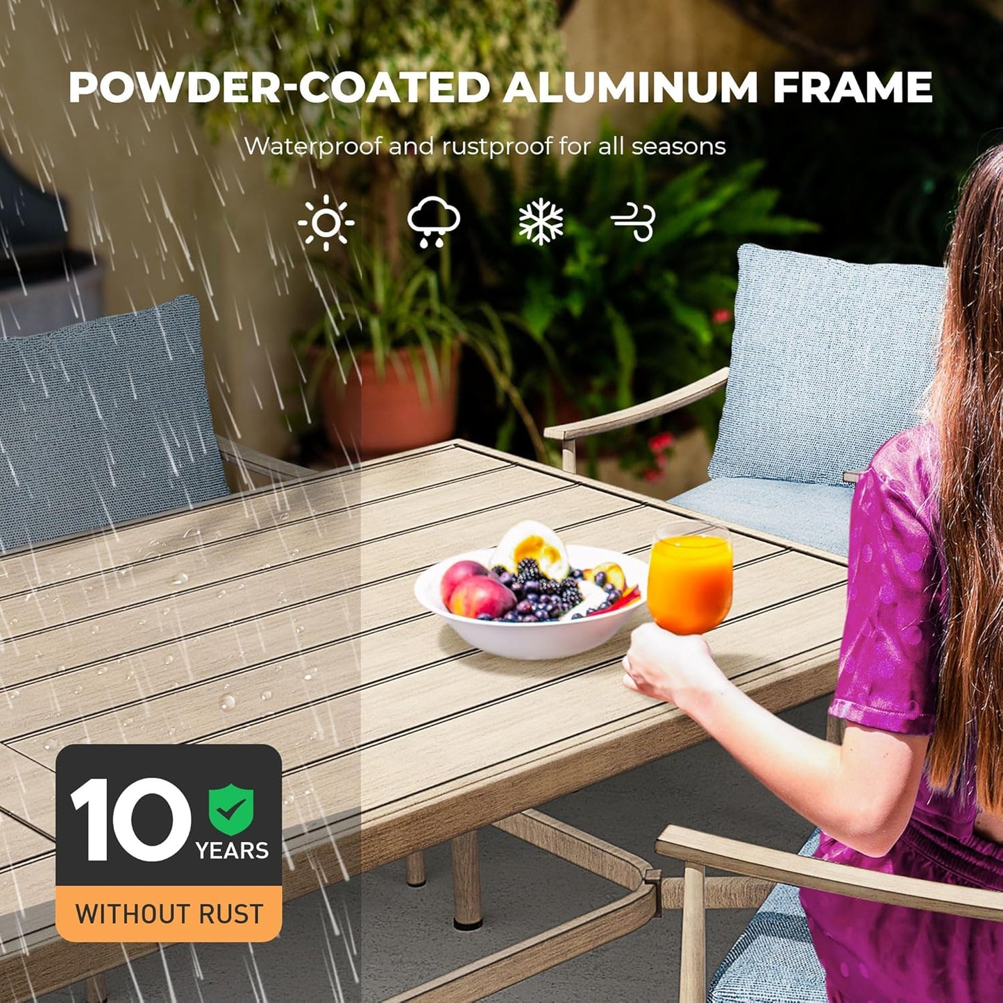 HAPPATIO Patio Table for 8, Large Modern Rectangle Outdoor Dining Table with Umbrella Hole and Adjustable Feet, All Weather Aluminum Patio Table for Garden, Backyard and Poolside, Brown