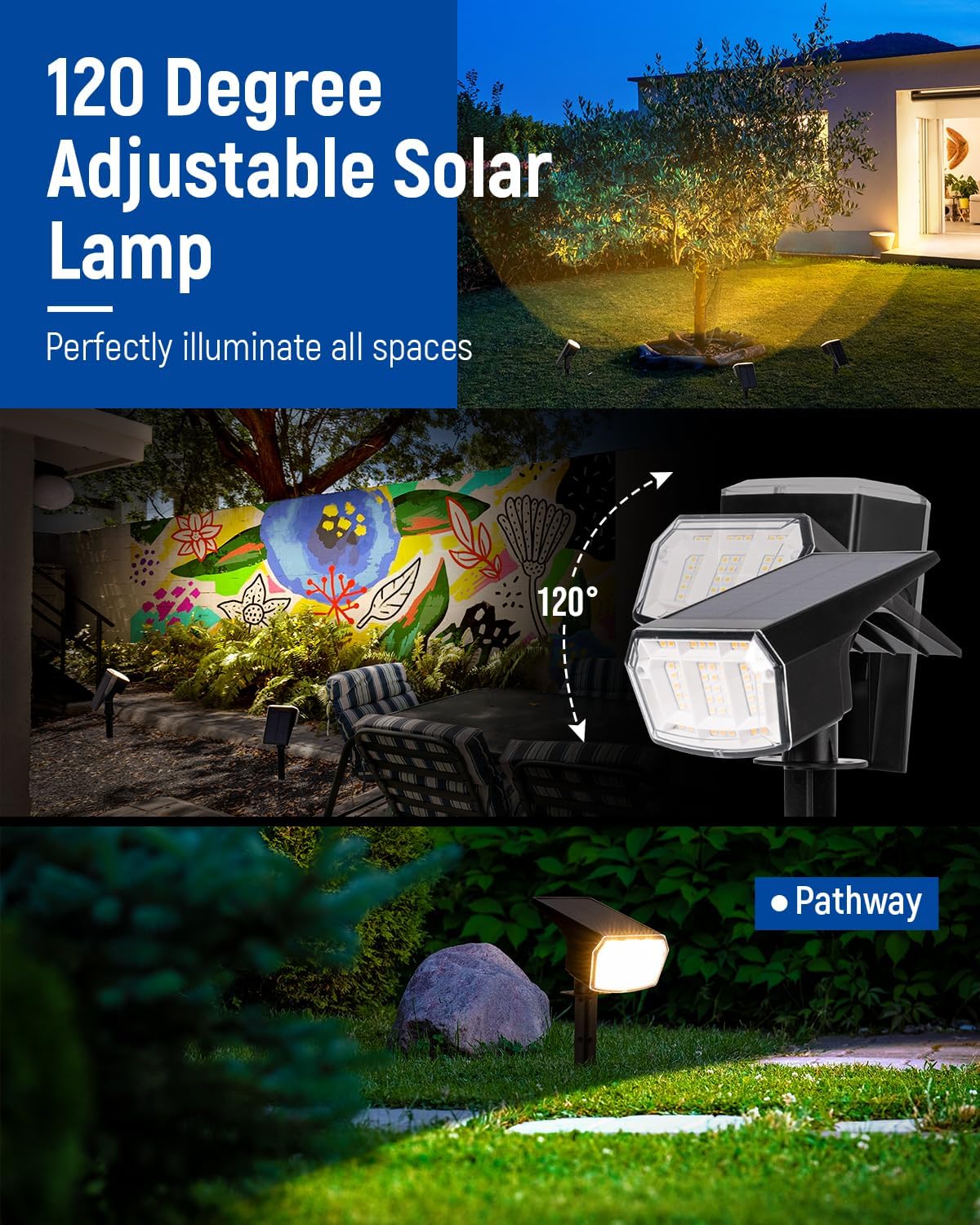 Solar spotlights Outdoor 63 LED 3 Lighting Modes, IP65 Waterproof Lighten Yard Garden House Garage Pathway for Christmas Decorations-4 Pack