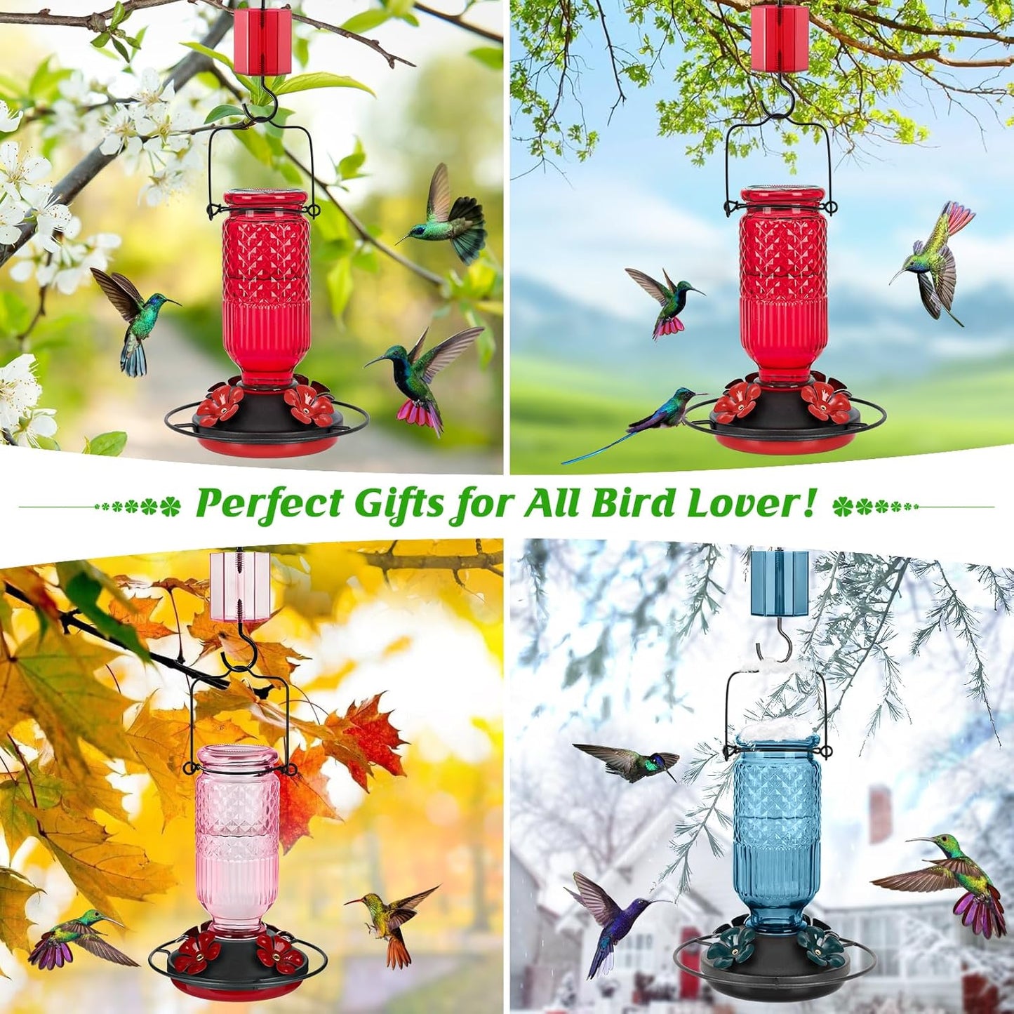 FEED GARDEN Glass Hummingbird Feeders for Outdoors, 16 OZ Pink Hummingbird Feeder with 4 Bee Guard Feeding Ports & Built-in Ant Moat, Humming Bird Feeder, Gifts for Women Mom,1 Pack