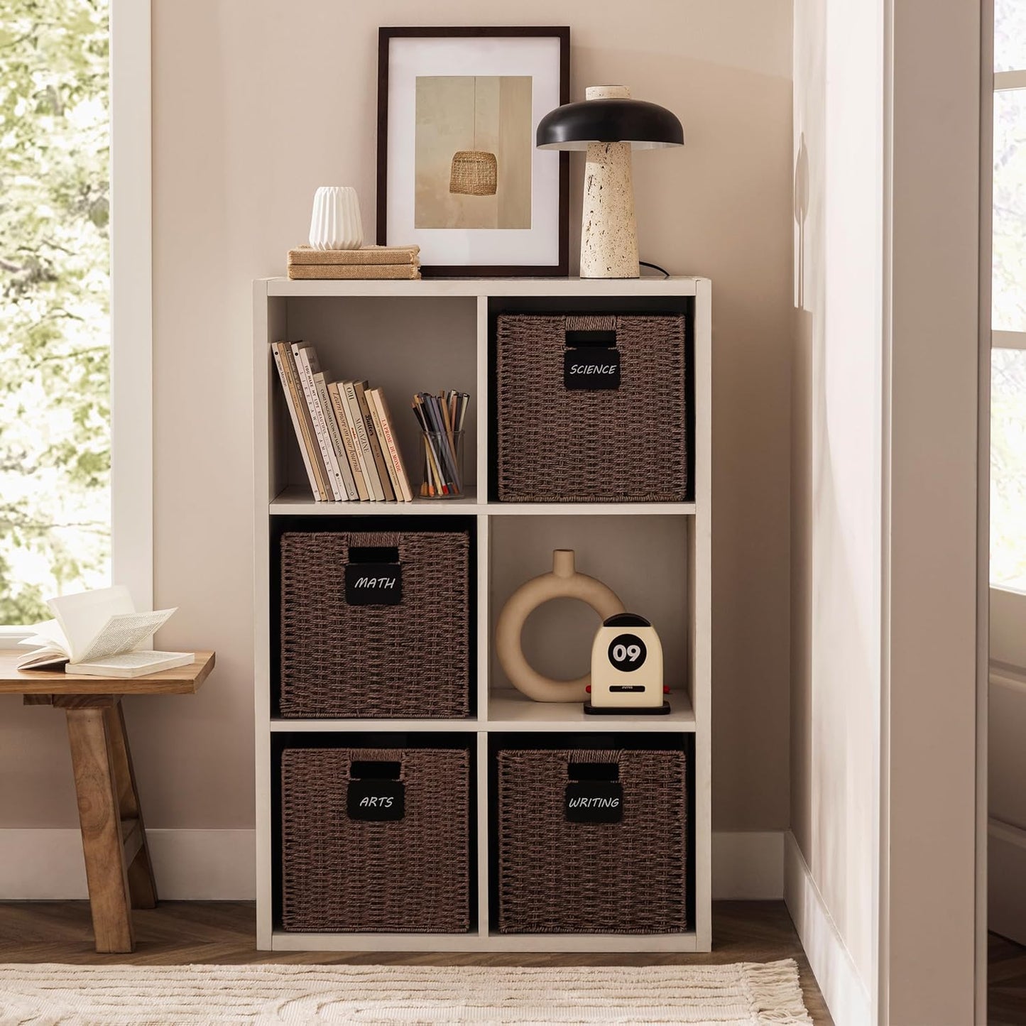 UBBCARE 2 Pack Wicker Basket, 10.5×10.5 Storage Cubes with Label, Foldable Cube Storage Bin with Handle, Square Storage Basket for Shelves, Woven Paper Rope Basket for Organizing, Brown