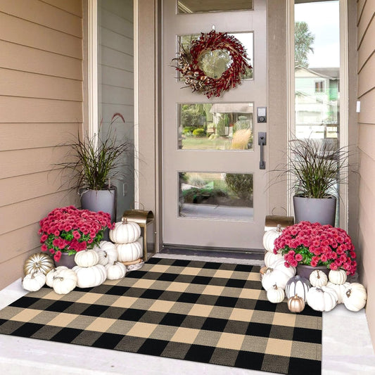 IOHOUZE Buffalo Plaid Checkered Rug 3x5 Ft Front Door Mats, Washable Area Rugs for Front Porch, Welcome Mats Indoor Outdoor, Entryway Rug for Entryway, Home Entrance, Tan Black