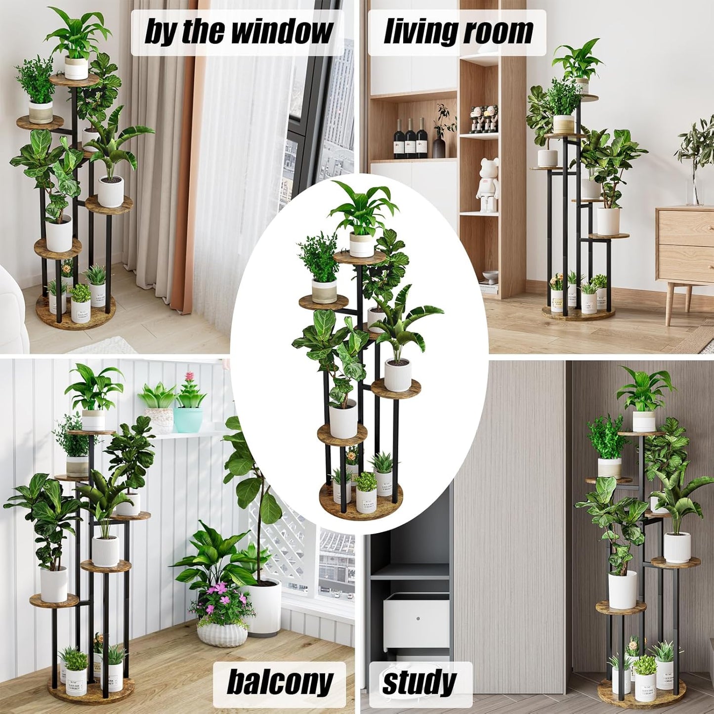 Plant Stand Indoor 6 Tier 9 Potted Multiple Flower Pot Holder for Patio Garden Balcony Living Room Corner (6 Tier Black+Rustic Brown)