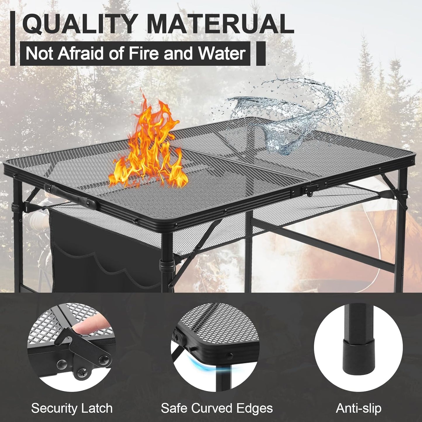 Folding Grill 3x2 FT Portable Camping Table, Lightweight Height Adjustable Metal Picnic Outdoor Table with Mesh Desktop and Mesh Bag, Beach and BBQ, Party