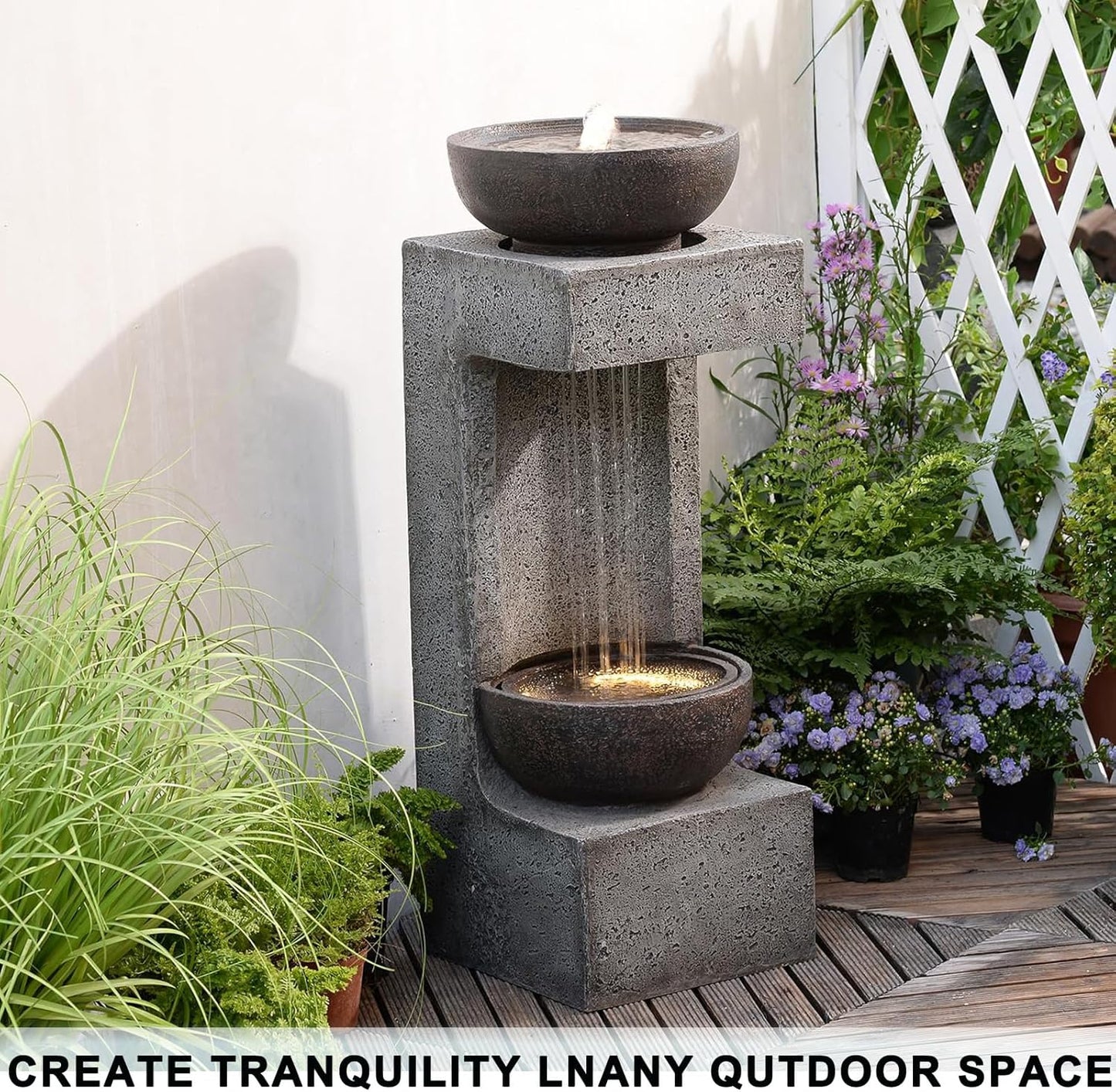 33.9" Waterfall Fountain Outdoor with LED Lights – Modern Rain Curtain Resin Garden Waterfall and Fountains, Bowl Design Outdoor Water Feature for Patio, Porch, Backyard, Lawn & Home Decor