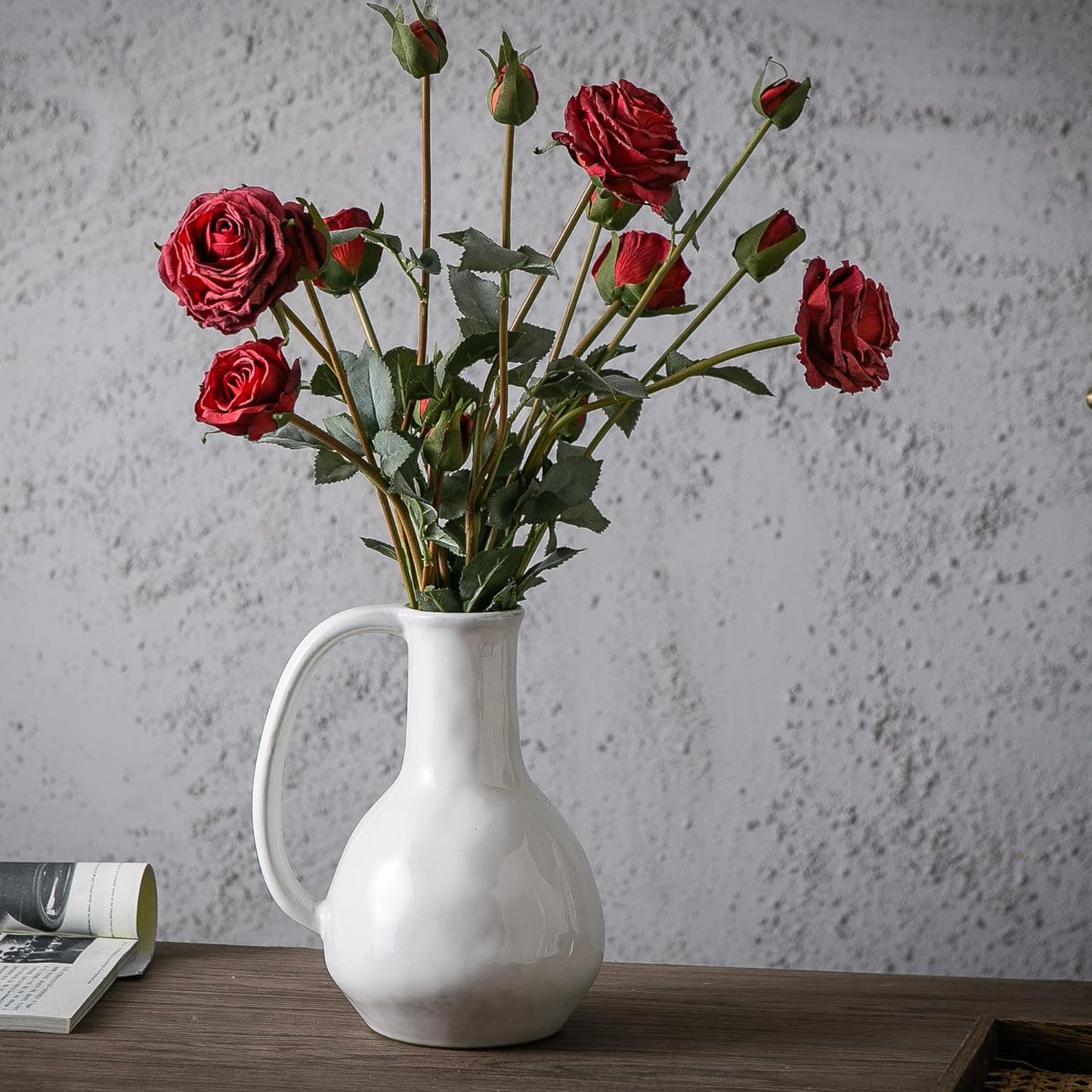 White Ceramic Vase with Big Handles, Modern Farmhouse Decor, Rustic Pottery for Flowers, Decorative Terracotta Centerpiece for Dining Table